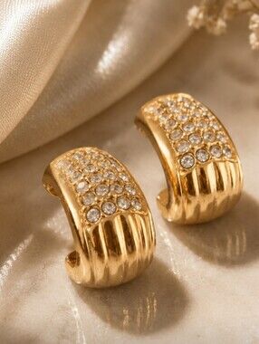 Vintage Rare Swarovski Gold Pavé Crystal Huggie Hoop Earrings-Signed Swan Stamp
